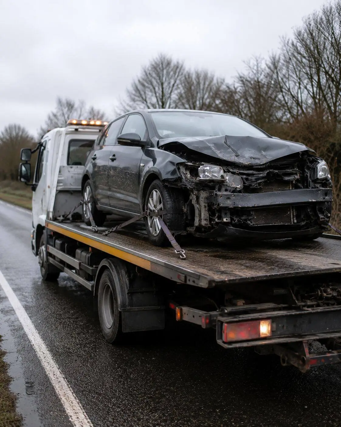 Damaged car loaded onto a flatbed recovery truck on a wet Birmingham road