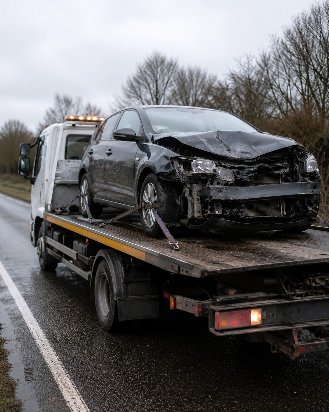 Damaged car loaded onto a flatbed recovery truck on a wet Birmingham road