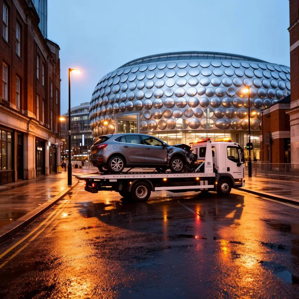 Recovery flatbed loading a car near the Birmingham Bullring at dusk