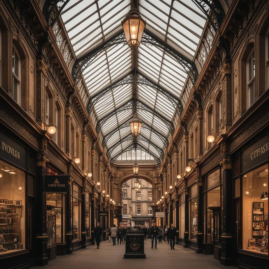 Victorian glass-roofed Leeds shopping arcade at dusk