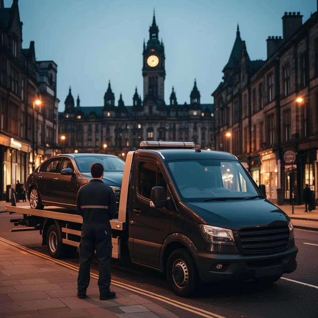 Recovery flatbed loading a car near Leeds Town Hall at dusk