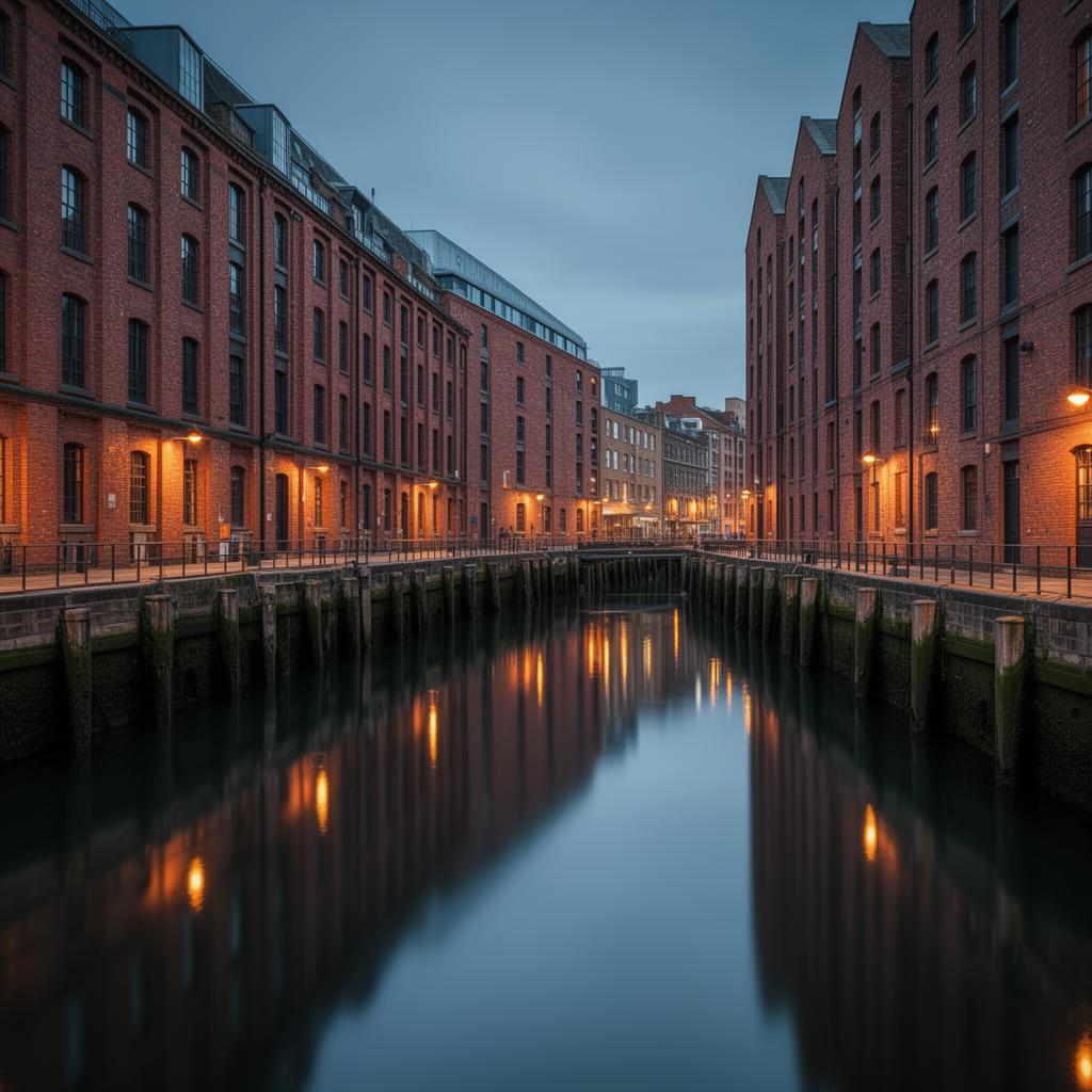 Liverpool Albert Dock at dusk with red brick dockside warehouses