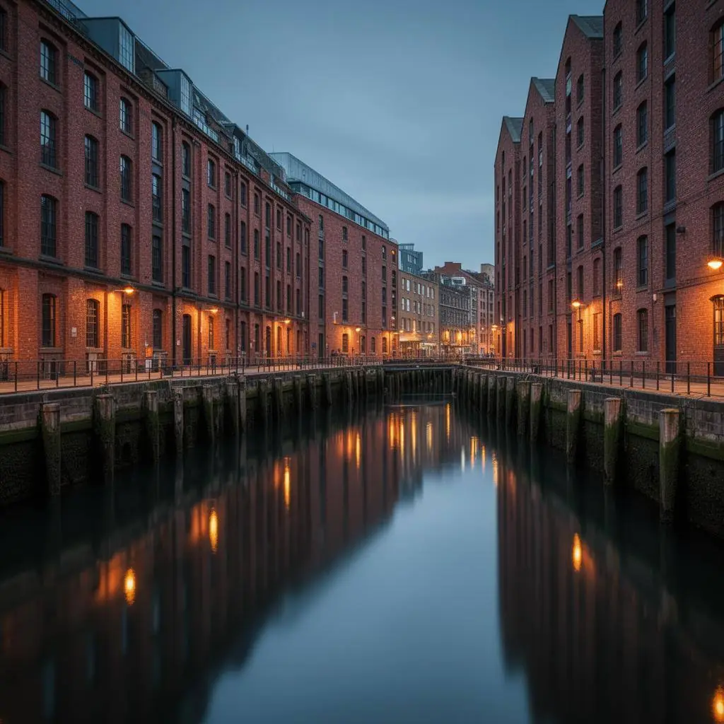 Liverpool Albert Dock at dusk with red brick dockside warehouses