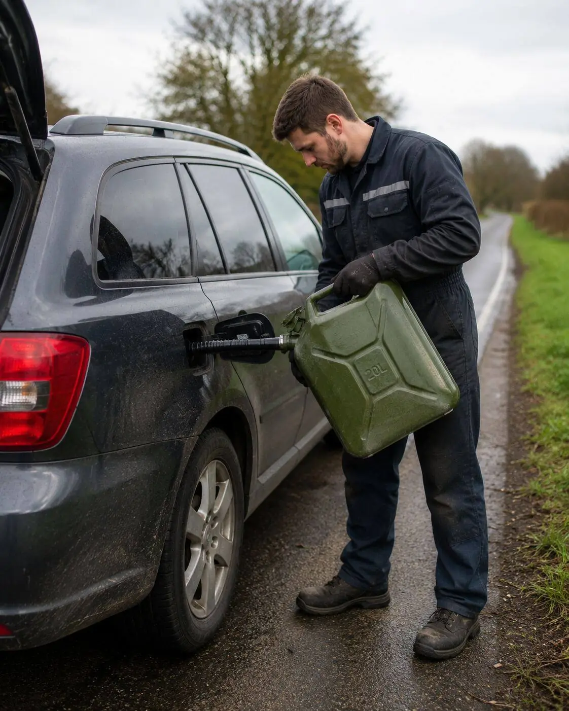 Roadside technician delivering fuel from a jerry can on a Liverpool dockside street
