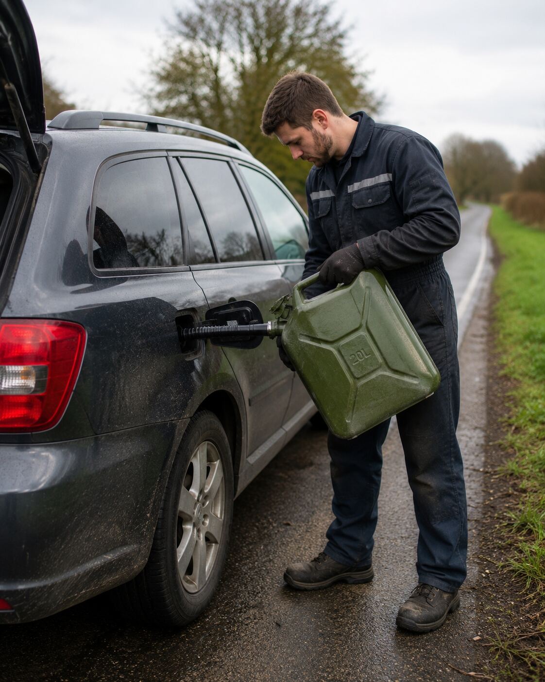 Roadside technician delivering fuel from a jerry can on a Liverpool dockside street