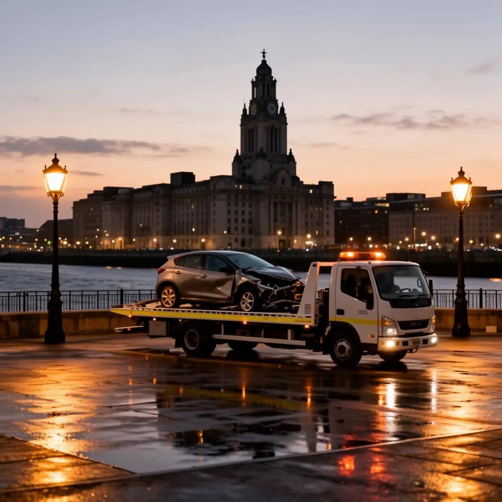Recovery flatbed loading a car on the Liverpool waterfront with the Royal Liver Building behind