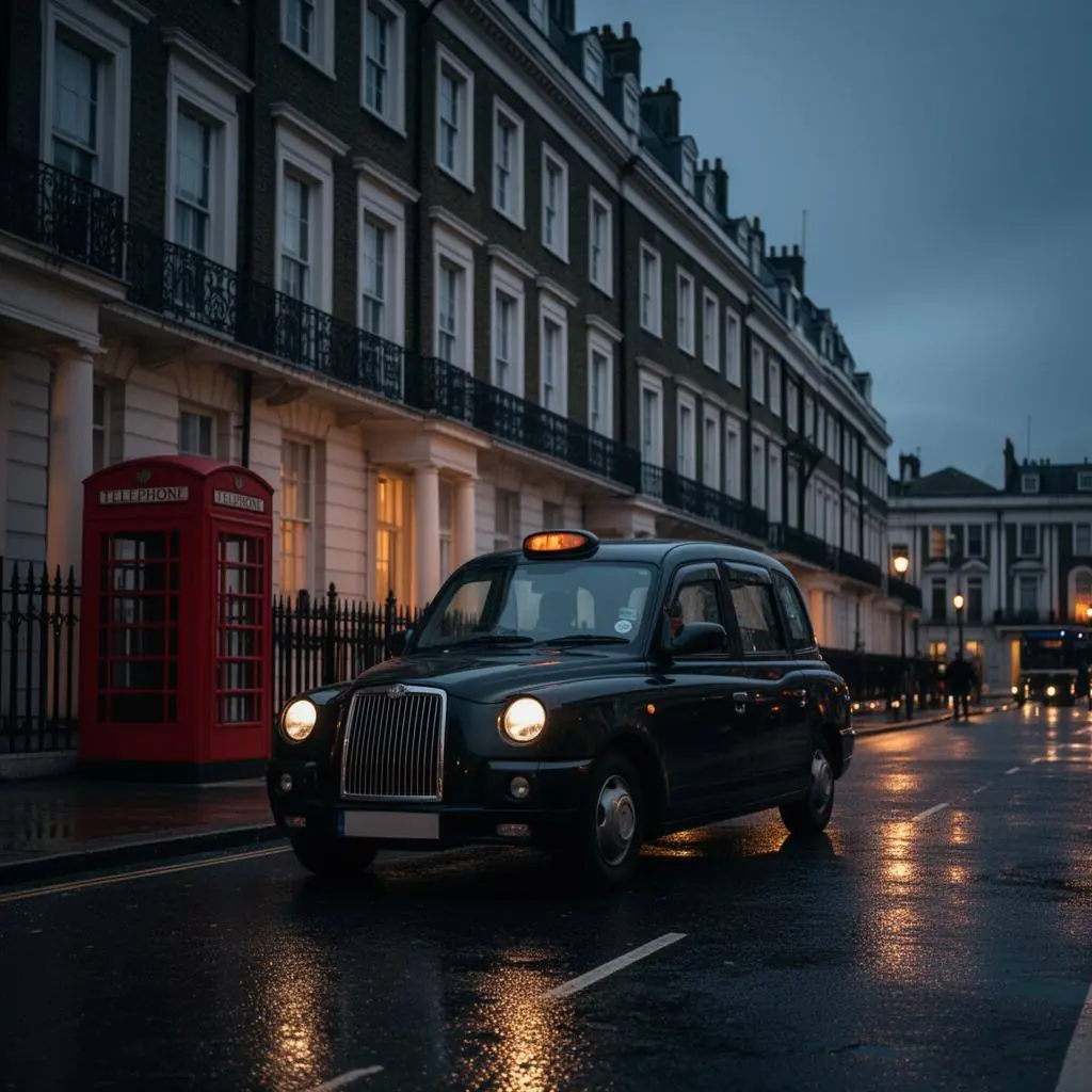 Central London street at dusk with a black taxi cab and red phone box