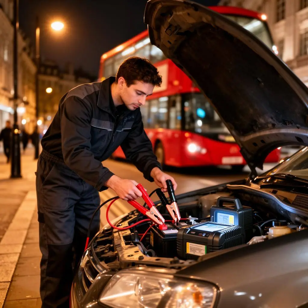 Roadside technician connecting jump leads to a car battery in central London