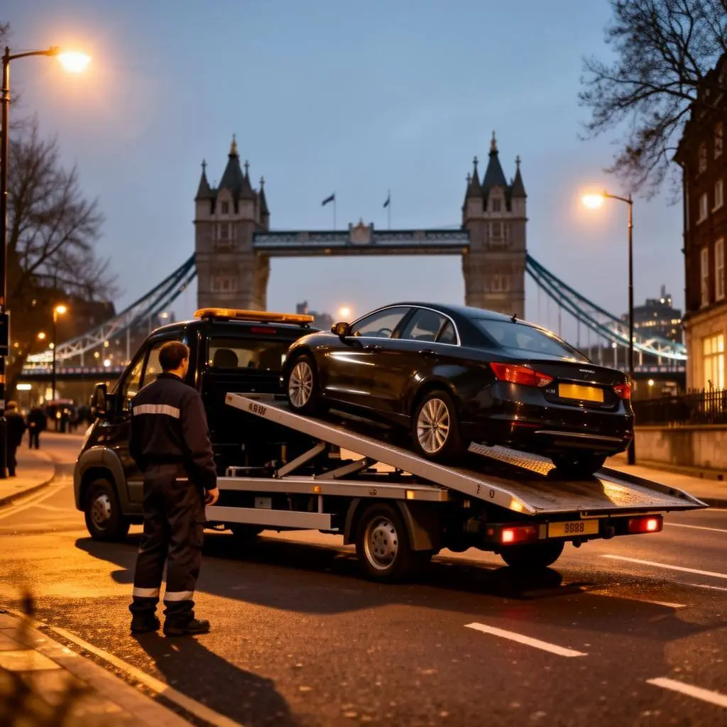 Recovery flatbed loading a car on a London street with Tower Bridge behind