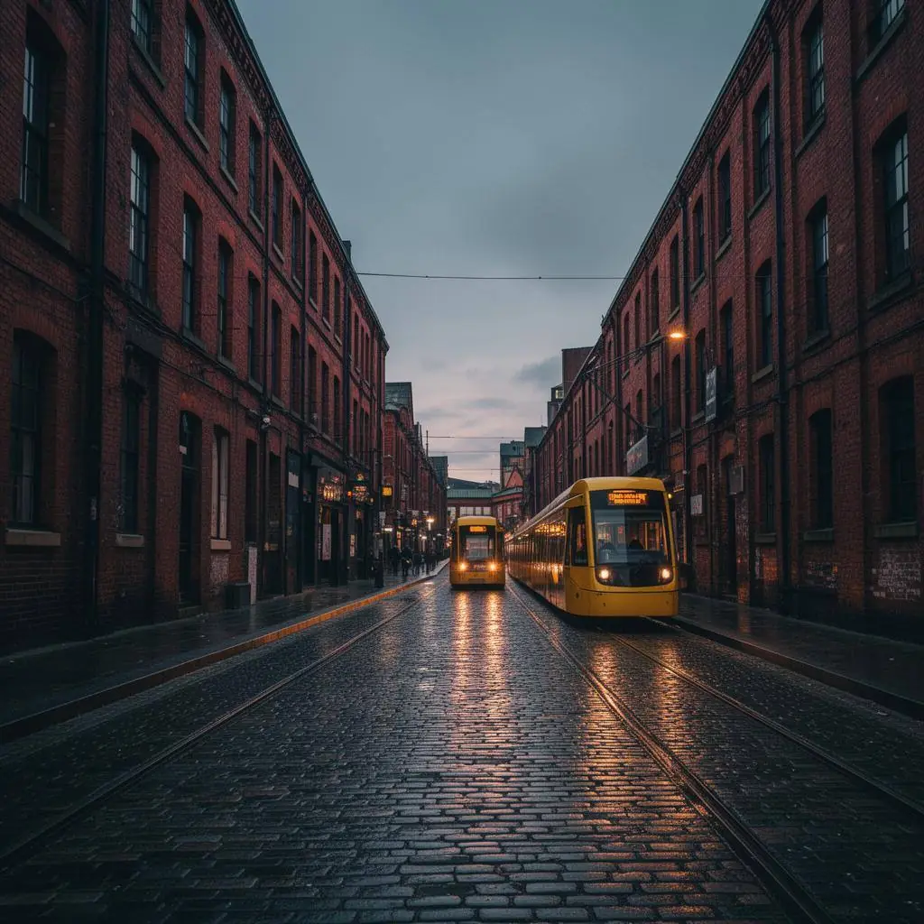 Manchester Northern Quarter at dusk with a yellow Metrolink tram