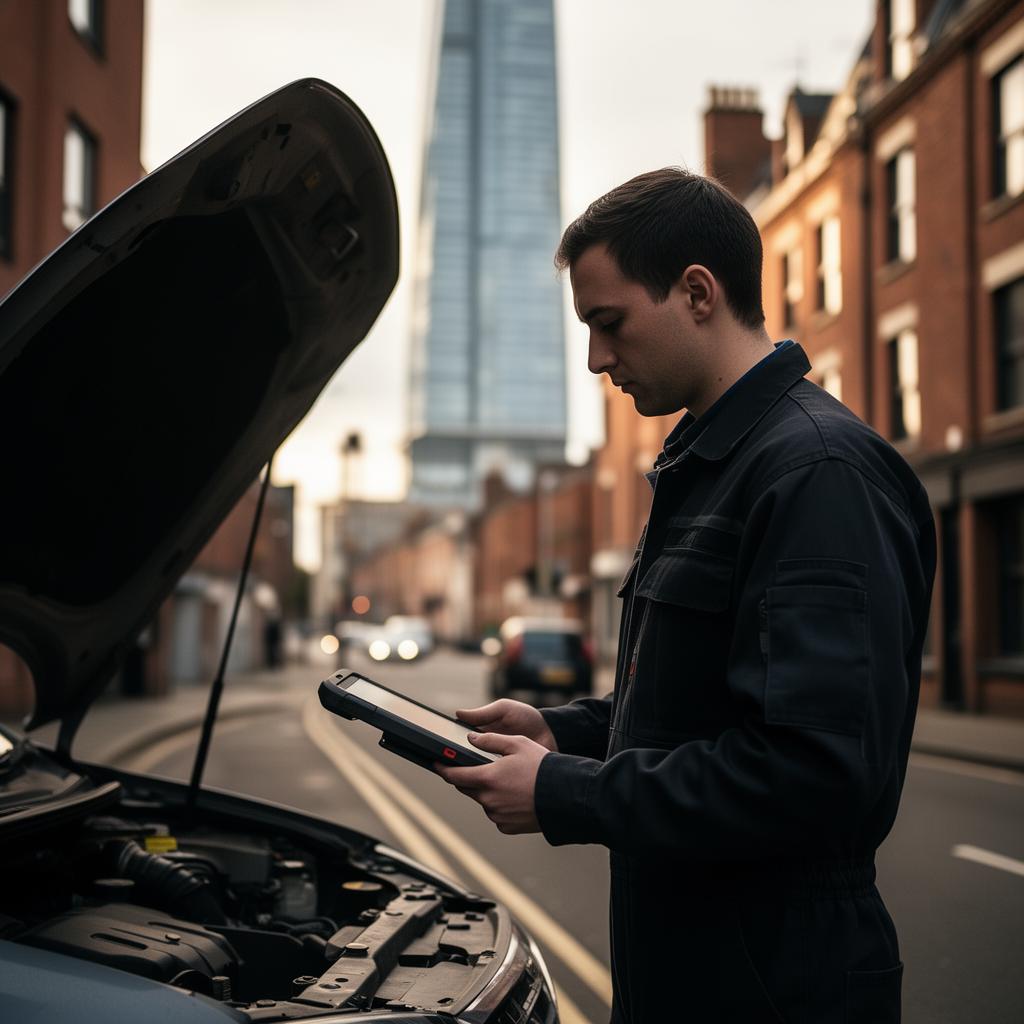 Roadside technician with a diagnostic tablet on a Manchester street