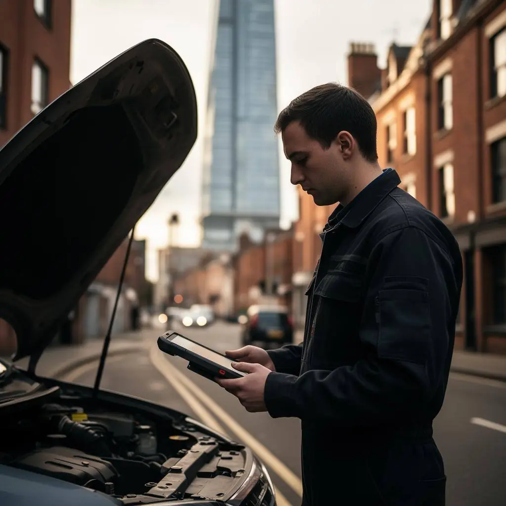 Roadside technician with a diagnostic tablet on a Manchester street