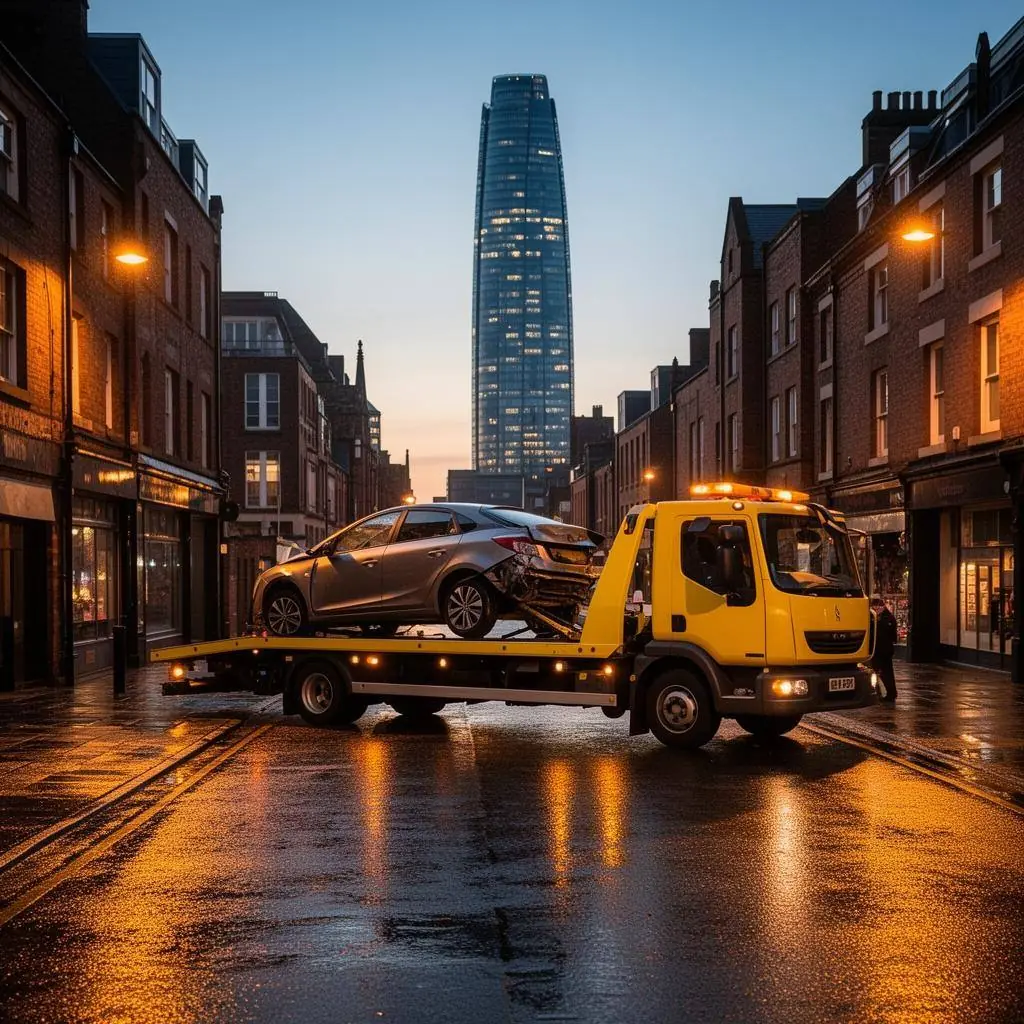 Recovery flatbed loading a car on a Manchester city street at dusk