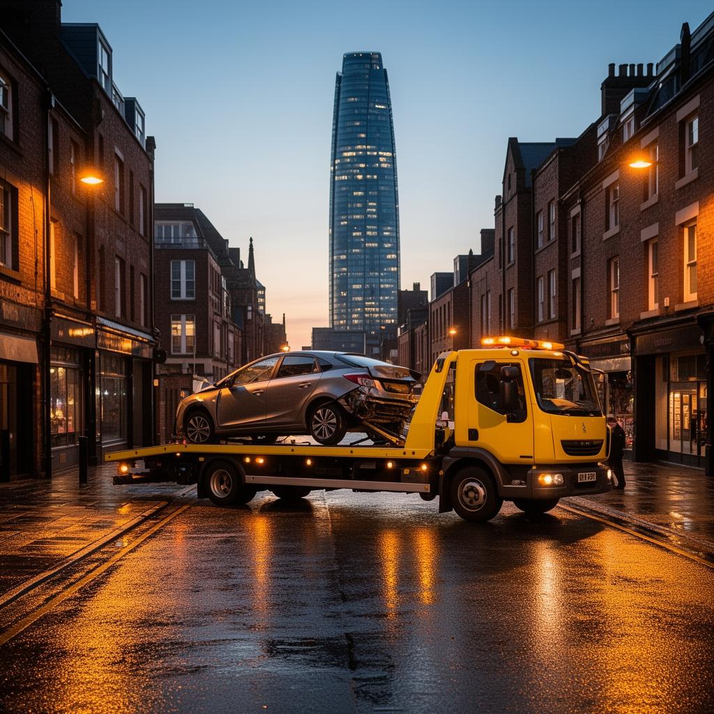 Recovery flatbed loading a car on a Manchester city street at dusk