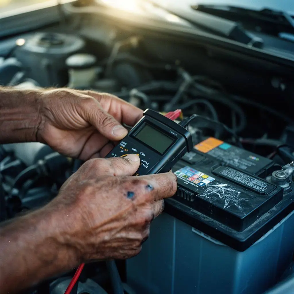 Technician using a battery tester on a car battery