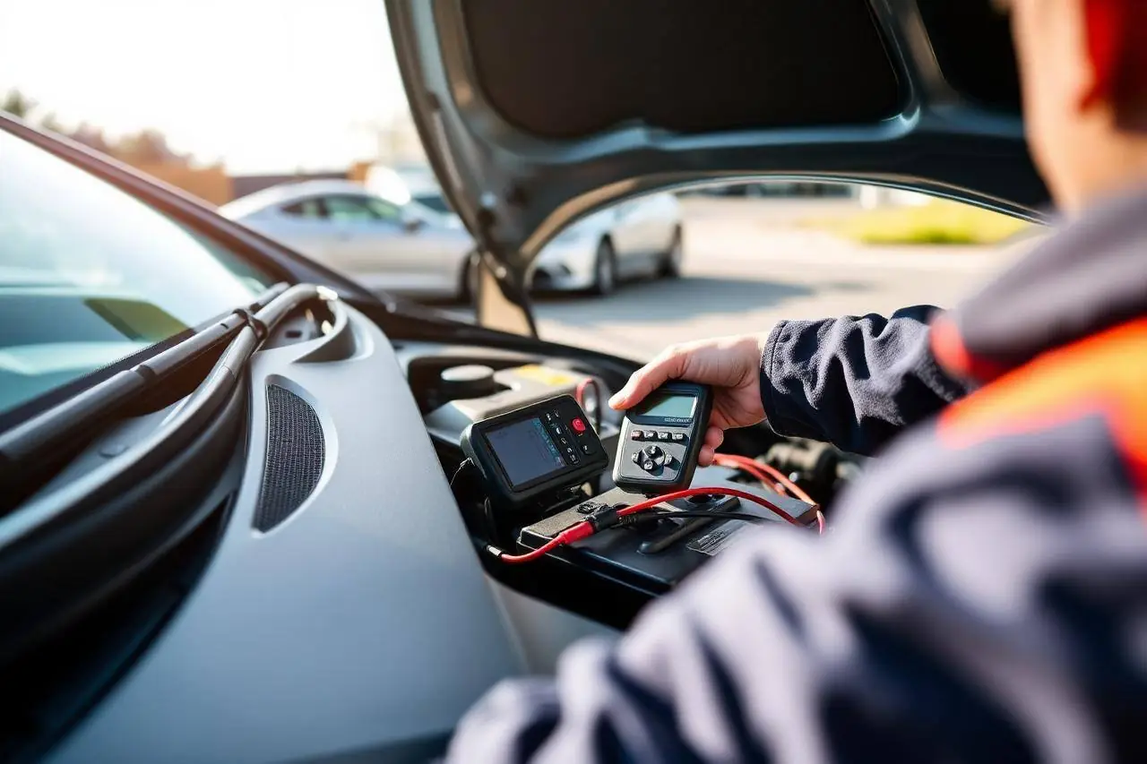 Technician testing a car battery from a different roadside angle