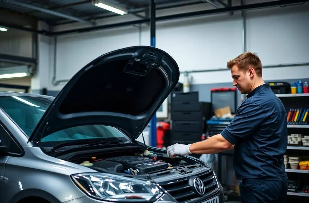 Mechanic servicing a vehicle in a garage