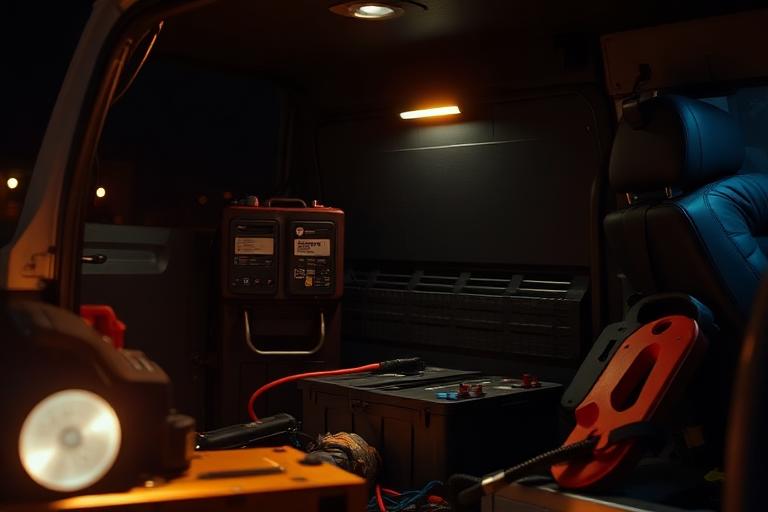 Battery booster and roadside assistance tools inside a service van