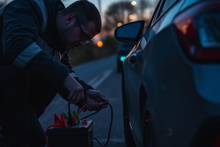 Technician connecting jump start cables to a car battery