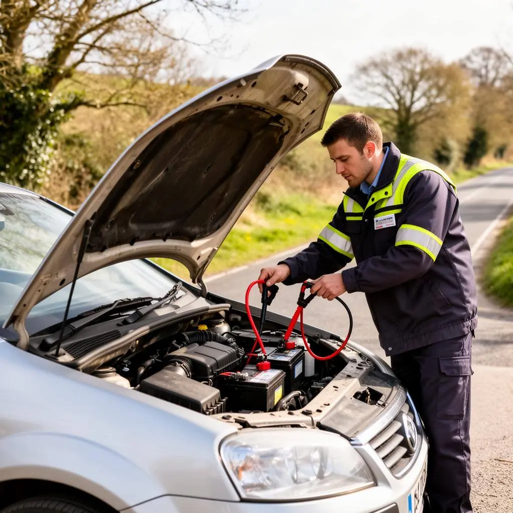 Technician jump starting a car under the bonnet with jump leads