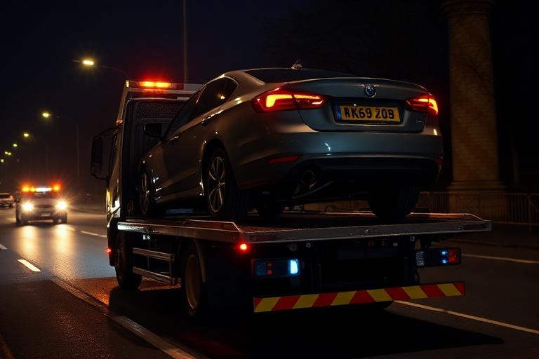 Vehicle being loaded onto a recovery truck at night