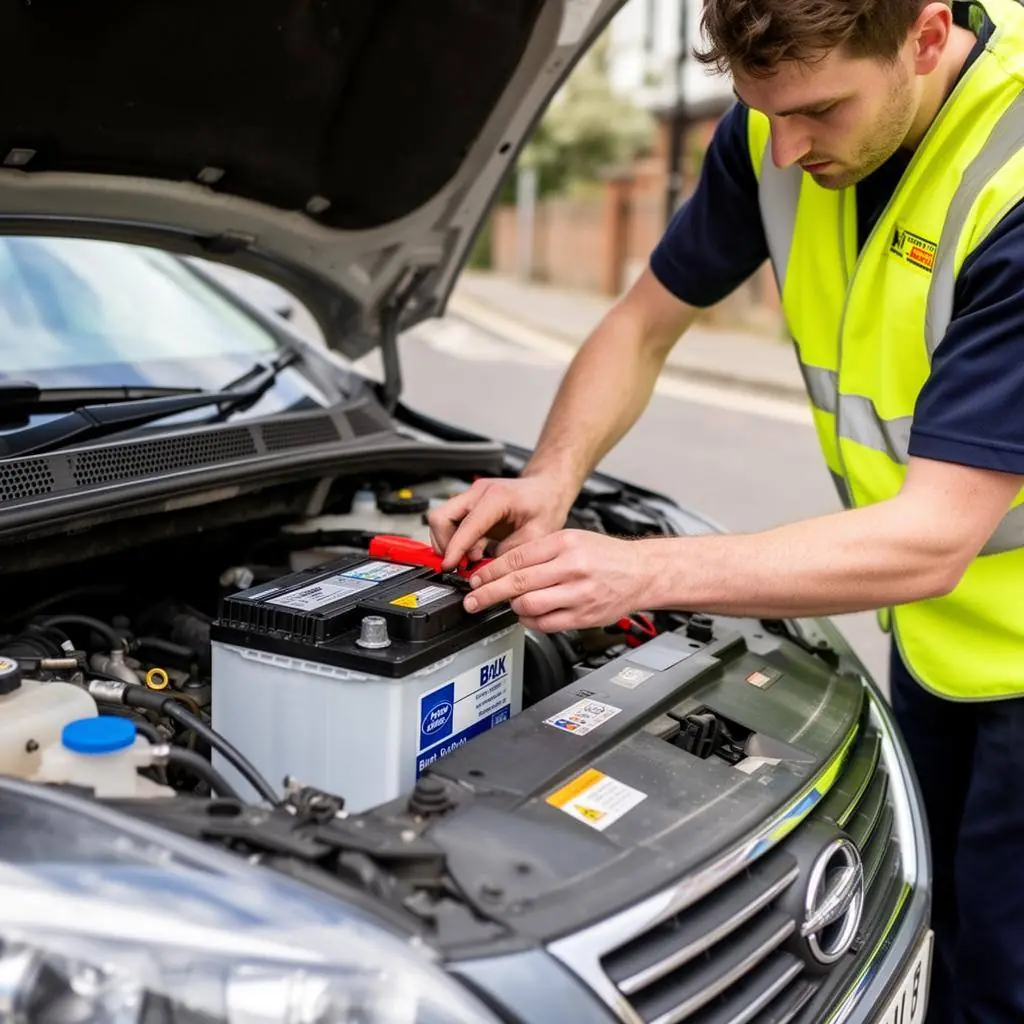Technician fitting a replacement car battery at the roadside
