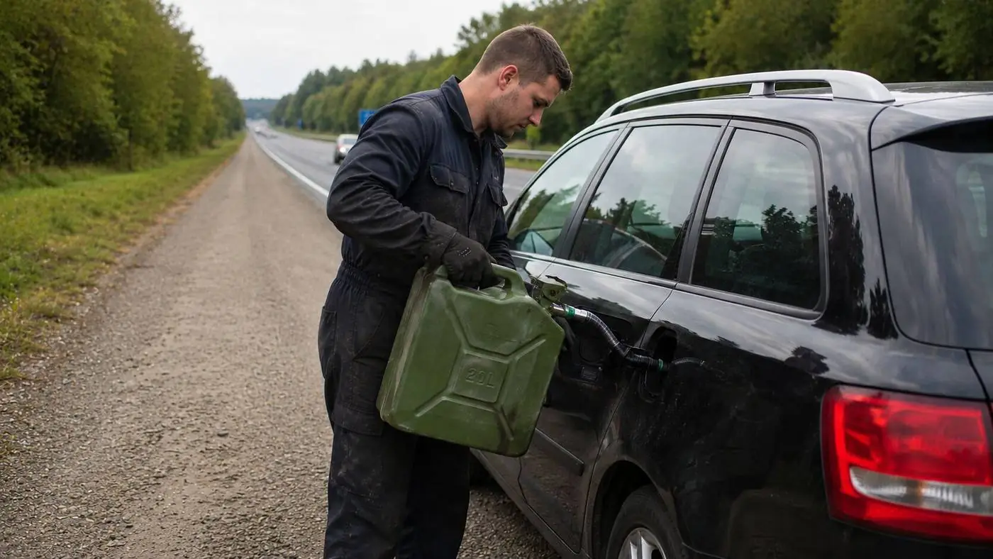 Technician refuelling a car at the roadside from a jerry can