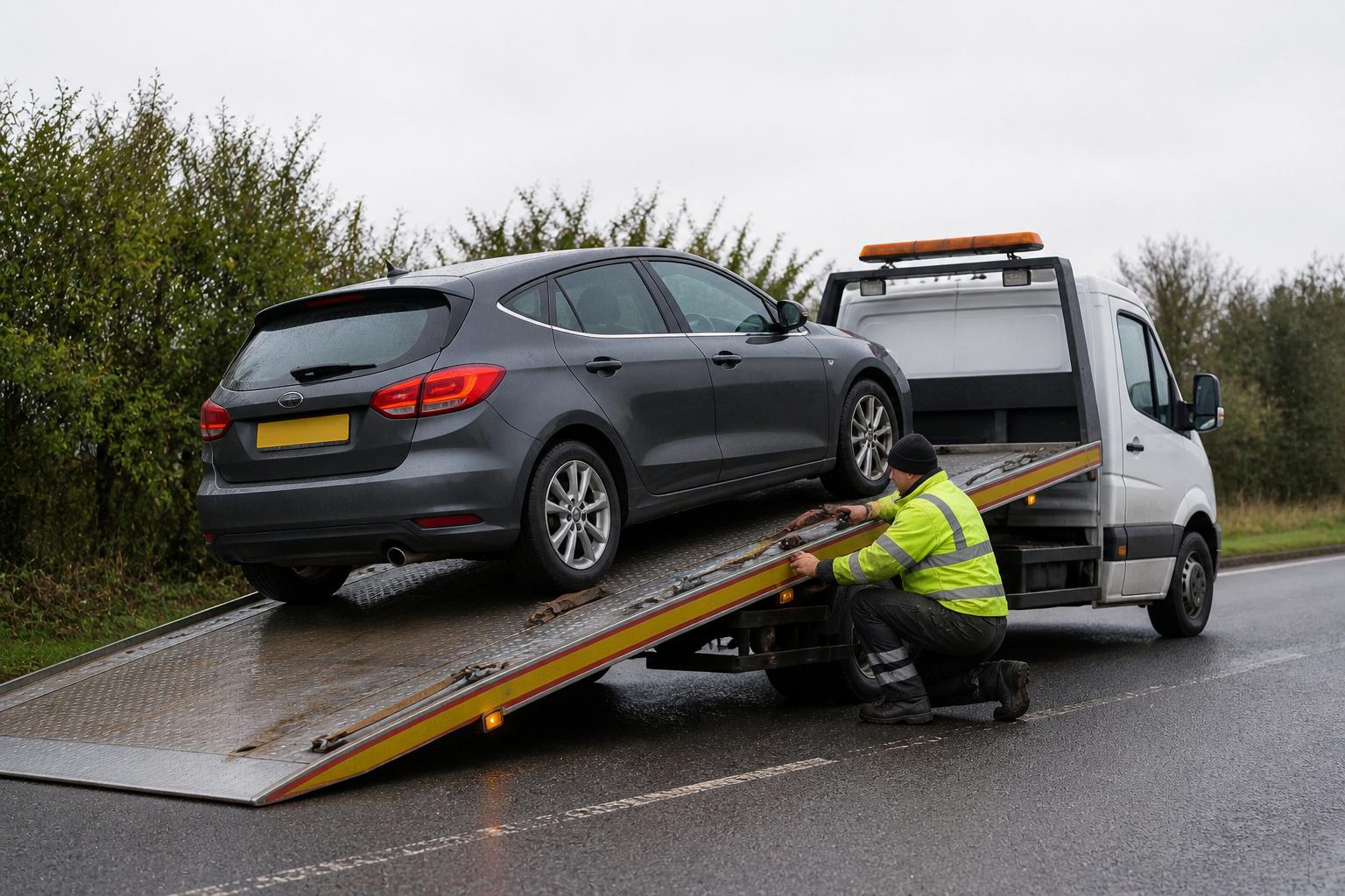 Vehicle being loaded onto a recovery truck at night