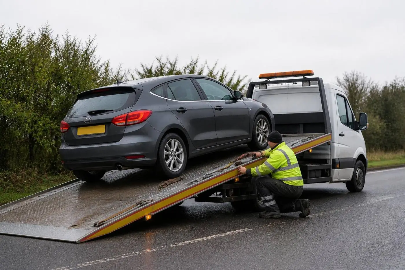 Vehicle being loaded onto a recovery truck at night