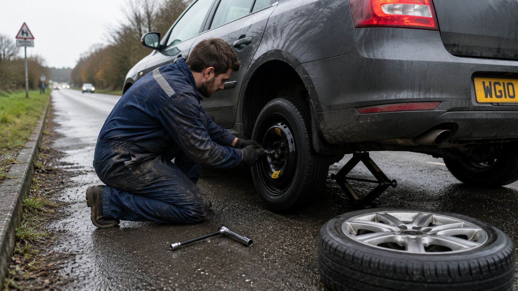 Technician changing a tyre at the roadside