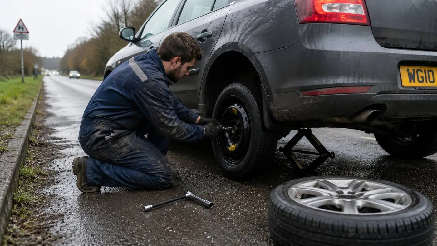 Technician changing a tyre at the roadside