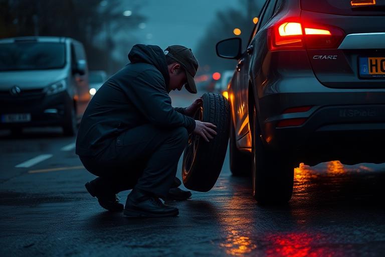 Technician changing a tyre at the roadside