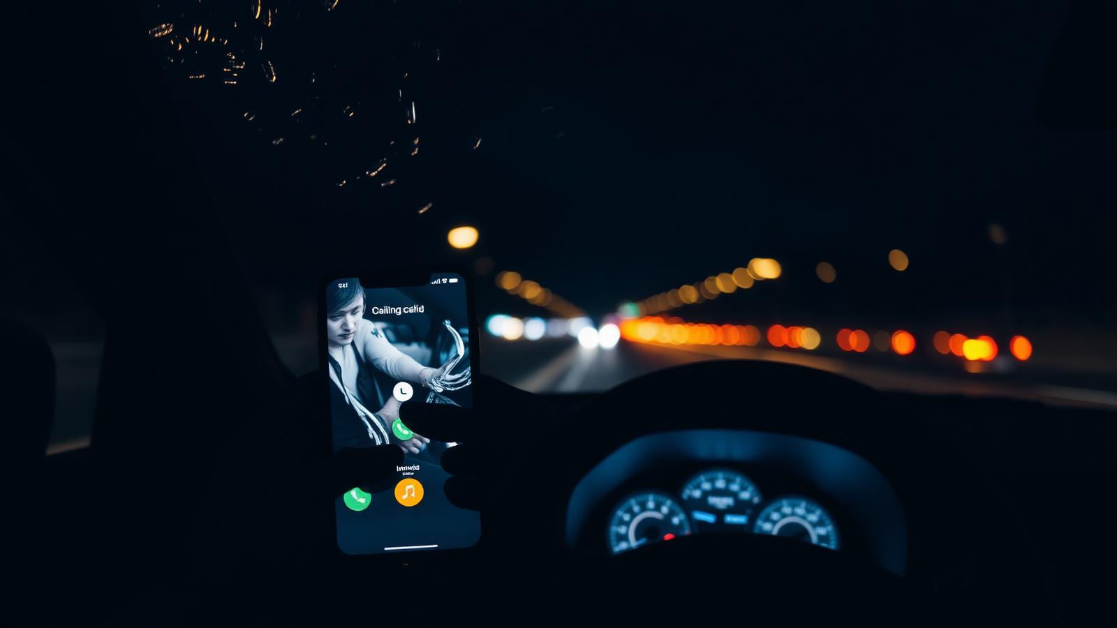 Phone showing an incoming call inside a car at night